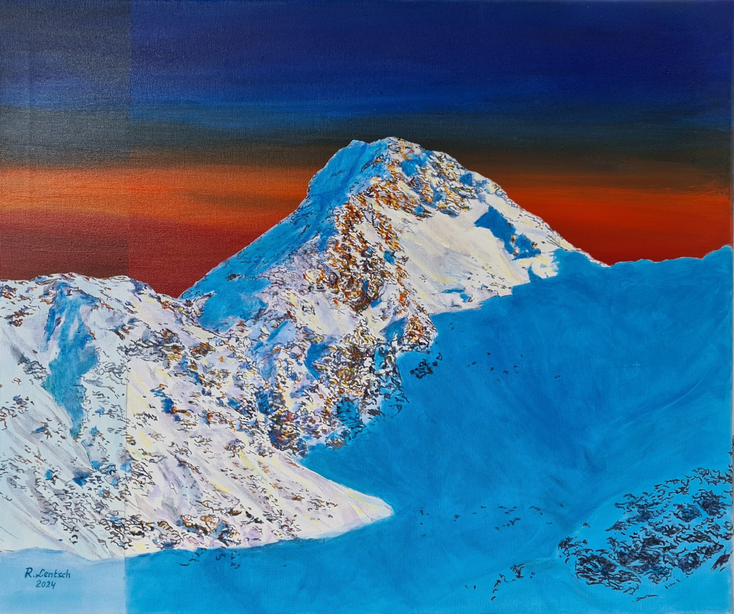 Acrylgemälde „Gamskopf“ (Entstehungsjahr: 2024) – Ein ansprechendes Kunstwerk von Reinhard Lentsch auf Leinwand (60 x 50 cm), das die eindrucksvolle Berglandschaft im Gemeindegebiet von Fendels im Oberen Gericht (Tirol) zeigt. Die kraftvolle Farbgebung und die ausdrucksstarke Struktur verleihen dem Motiv eine besondere Intensität und Tiefe. Der dargestellte Gamskopf erhebt sich markant über dem Inntal und gehört zum Glockturmkamm, einem Gebirgszug, der sich zwischen dem Tiroler Oberland und dem Engadin erstreckt. Fendels selbst liegt auf rund 1.350 Metern Seehöhe und ist ein kleiner, traditionsreicher Ort mit direktem Zugang zu Wanderwegen, Skipisten und unberührter alpiner Landschaft – ein idealer Ausgangspunkt für Naturfreunde und Erholungssuchende, welche fernab von Trubel die Schönheit dieser wenig überlaufenen Bergregion nutzen wollen.