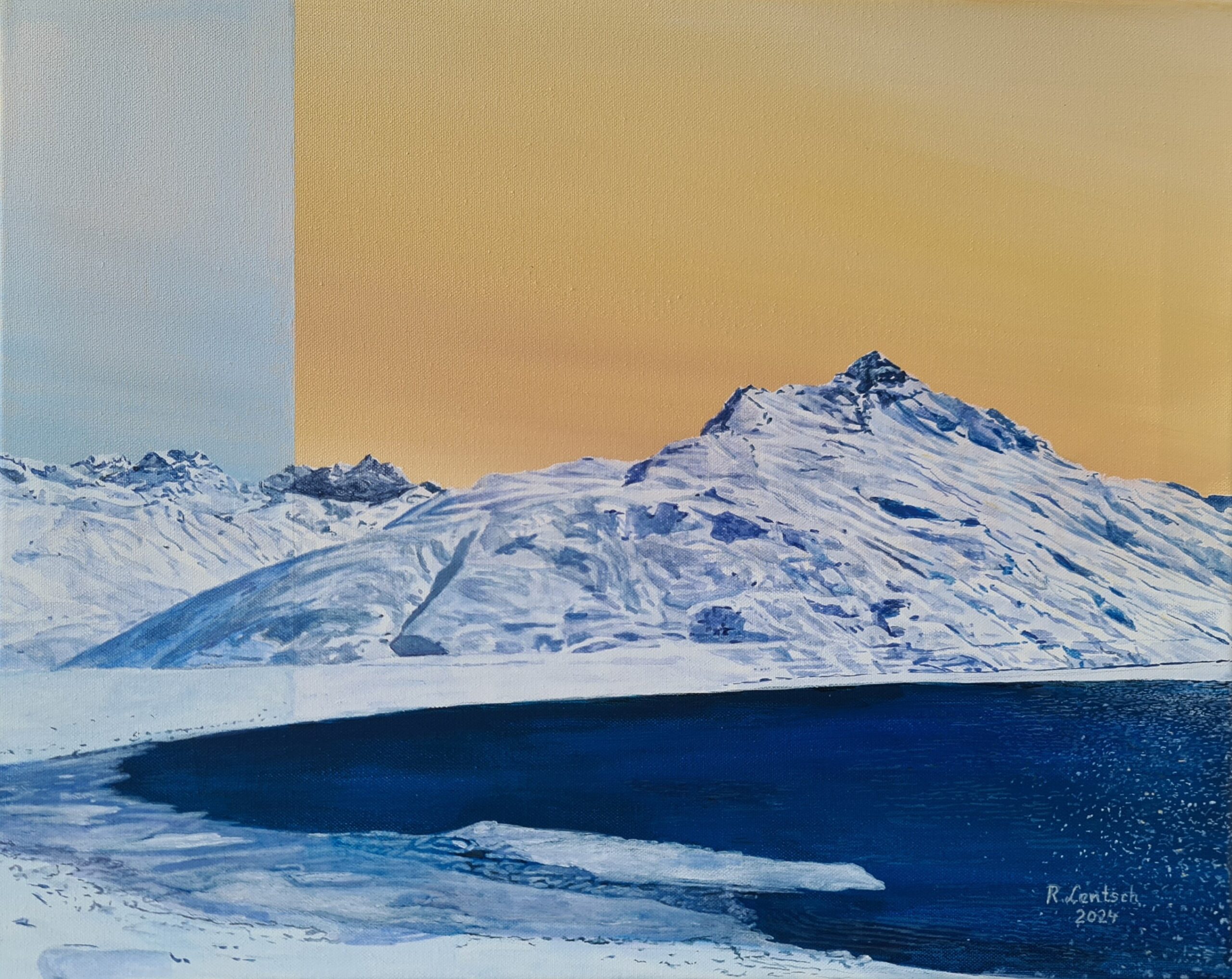 Galtür, Silvrettastausee – Ruhe und Weite in winterlicher Landschaft Dieses Acrylgemälde auf Leinwand (60 x 50 cm) von Reinhard Lentsch aus dem Jahr 2024 fängt die stille Schönheit des Silvrettastausees im Gemeindegebiet von Galtür – nahe der Tiroler–Vorarlberger Grenze – auf eindrucksvolle Weise ein. Der verschneite, 2.751 Meter hohe Radkopf erhebt sich majestätisch über der Szenerie, während das tiefblaue Wasser des Stausees in ruhiger Klarheit glänzt. Diese harmonische Komposition wird durch den sanft getönten Himmel vollendet, der dem Werk eine fast meditative Atmosphäre verleiht. Ein modernes Farbspiel und fein abgestimmte Strukturen verleihen dem Bild eine zeitlose Eleganz, die den Betrachter in die Weite und Ursprünglichkeit der alpinen Landschaft eintauchen lässt. Der Silvrettastausee liegt auf rund 2.030 Metern Seehöhe inmitten der Silvretta-Gruppe und dient als Speicherkraftwerk der Illwerke VKW – ein bedeutendes Element der regionalen Stromversorgung in Vorarlberg. Trotz seiner technischen Funktion fügt sich der See durch seine Lage in der Hochgebirgslandschaft nahtlos in die Natur ein und wird heute auch als Ausflugs- und Erholungsziel geschätzt. Rund um den Stausee erstreckt sich ein gut ausgebautes Netz an Wanderwegen. Besonders beliebt sind im Sommer die Route zur Wiesbadener Hütte und die Rundwanderung um den See, die grandiose Ausblicke auf die umliegenden Dreitausender bietet. Im Winter hingegen liegt das Gebiet meist tief verschneit und ist nur zu Fuß oder per Tourenski zugänglich, was der Szenerie jene stille Erhabenheit verleiht, die Lentsch so eindrucksvoll in seinem Werk eingefangen hat. Die Silvretta-Hochalpenstraße selbst – eine der spektakulärsten Panoramastraßen der Alpen (Mautstraße) – ist im Sommer ein beliebter Anziehungspunkt für Motorradfahrer, Radfahrer und Touristen. Sie verbindet Partenen in Vorarlberg mit Galtür in Tirol und bietet auf ihrer 22,3 Kilometer langen Strecke nicht nur atemberaubende Ausblicke, sondern auch Zugang zu zahlreichen alpinen Erlebnissen. So ist das Gemälde nicht nur eine ästhetische Darstellung einer winterlichen Landschaft, sondern zugleich eine Hommage an eine Region, in der Natur, Technik und stille Schönheit auf einzigartige Weise miteinander verschmelzen.