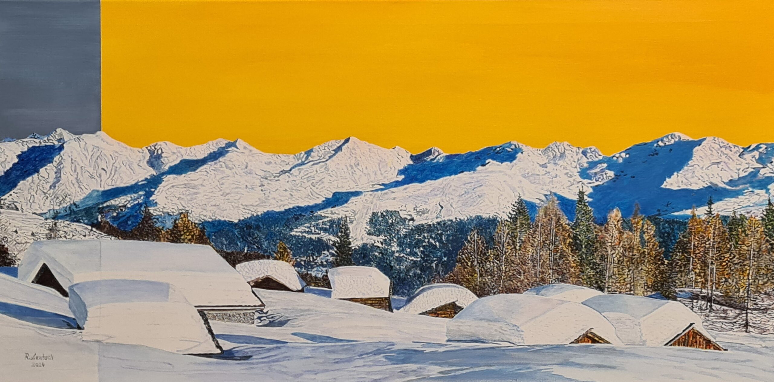 In diesem Acrylgemälde auf Leinwand (100 x 50 cm) fängt Reinhard Lentsch die idyllische Winterlandschaft der Diasalm in Kappl ein. Die tief verschneiten Hütten und Bäume verleihen dem Werk eine ruhige, fast meditative Stimmung, während der kontrastreiche Himmel in warmem Gelb einen faszinierenden Akzent setzt. Die Verbindung von Realismus und moderner Farbgestaltung macht dieses Bild zu einem einzigartigen Blickfang, der die Magie der Alpenlandschaft auf besondere Weise einfängt. Die Diasalm liegt auf etwa 1.875 Metern Höhe im Tiroler Paznauntal und ist ein beliebtes Ausflugsziel für Wanderer und Wintersportler. Eingebettet in das Skigebiet Kappl, bietet sie nicht nur einen spektakulären Panoramablick auf die umliegende Bergwelt, sondern auch eine traditionsreiche Atmosphäre, die von alpiner Gastfreundschaft geprägt ist. Seit je her dient die Alm während der Sommermonate als Weidefläche für das Vieh der örtlichen Bauern. Auch im Sommer ist die Diasalm bequem mit der Diasbahn erreichbar, was sie zu einem idealen Ziel für Familien und Genusswanderer macht. Besonders reizvoll ist der Besuch zu den Zeiten, in denen die kleine, betriebseigene Schaukäserei geöffnet ist: Dort können Besucher hautnah miterleben, wie aus frischer Alpenmilch in traditioneller Handarbeit köstlicher Käse entsteht – ein authentisches Erlebnis, das Einblicke in die regionale Lebensmittelkultur bietet. Diese kulturelle Tiefe verleiht dem Gemälde eine zusätzliche Dimension: Es ist nicht nur eine Darstellung der Natur, sondern auch ein stilles Zeugnis gelebter Tiroler Tradition und nachhaltiger Almwirtschaft.