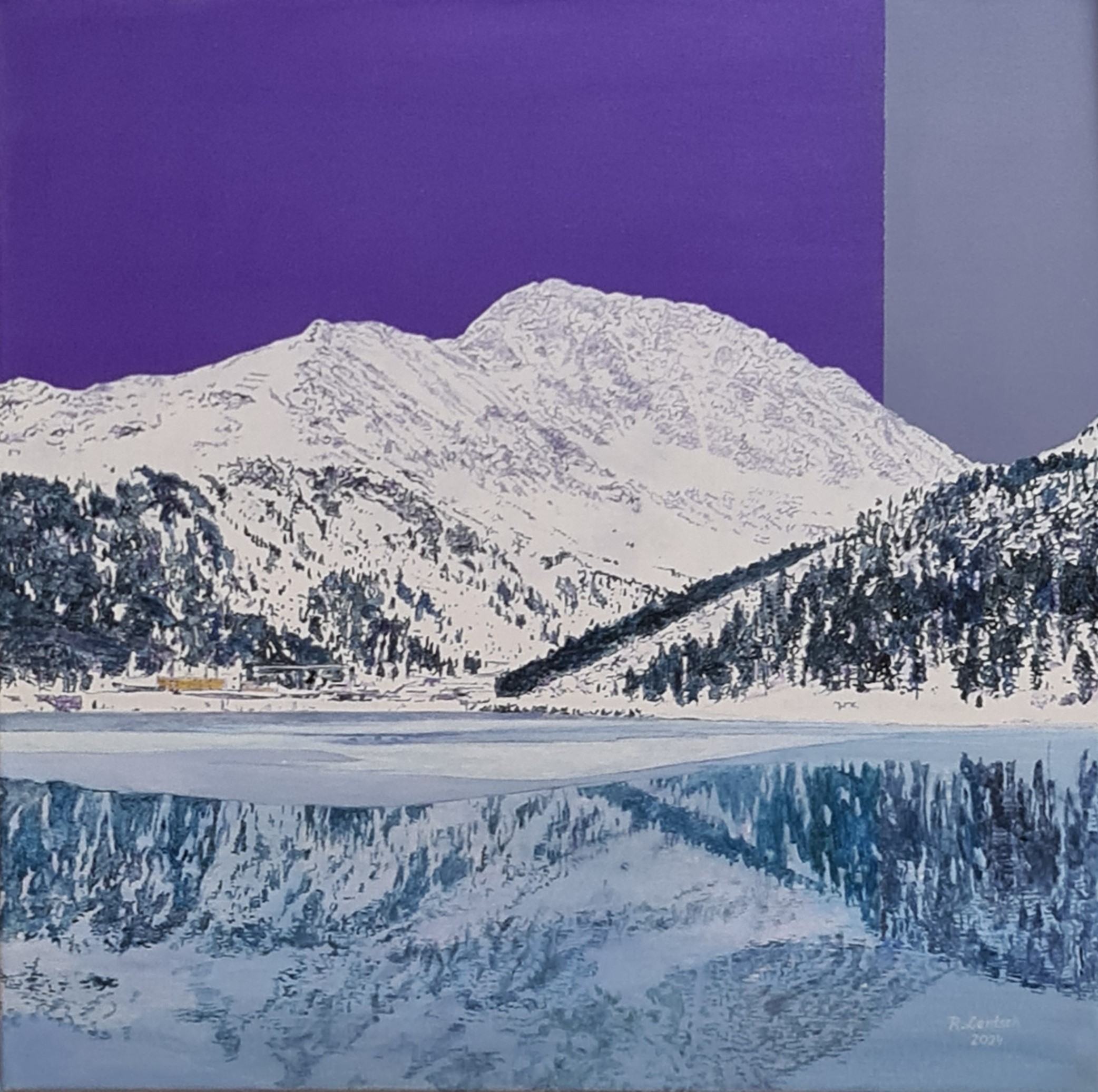 Das 60 × 60 cm große Acrylbild vom Langtalstausee in Kühtai, einem Ortsteil der Gemeinde Silz in Tirol, hat der in Ried im Oberinntal lebende und arbeitende Künstler Reinhard Lentsch im Jahr 2024 geschaffen. Ein hochalpines Panorama zeigt den teilweise zugefrorenen Langtalstausee, in dem sich die verschneiten Gipfel des Zwölferkogels (2988 m) und des Hochwanner spiegeln. Der Himmel ist in einem kräftigen Violett gehalten, was dem Bild eine surreale Wirkung verleiht. Der Langtalstausee, auch Längentalstausee genannt, liegt malerisch auf rund 1900 m Seehöhe in hochalpinem Gelände in Kühtai und umfasst eine Fläche von etwa 0,42 km². Er ist Teil eines großflächigen Wasserkraftsystems zur Pumpspeicherung und dient der Stromerzeugung im Kraftwerk Sellrain–Silz, das von der TIWAG (Tiroler Wasserkraft AG) betrieben wird. Kühtai selbst liegt auf etwa 2020 m Seehöhe inmitten der Stubaier Alpen und ist sowohl über Silz und Ötz als auch über das Sellraintal (Bezirk Innsbruck-Land) erreichbar. Da es geografisch relativ isoliert liegt, wird es häufig als eigener (Winter-)Sportort wahrgenommen. Im Sommer wie im Winter zieht die Region Bergsportler und Naturliebhaber gleichermaßen an.