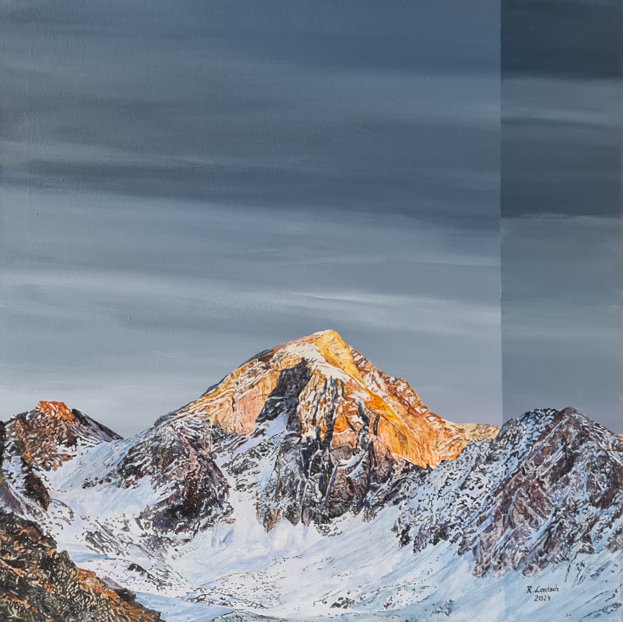 Das beeindruckende Bergpanorama zeigt die Hohe Weiße am Ende des Pfossentales in Südtirol, flankiert von der majestätischen Hochwilde im Gemeindegebiet von Sölden. Die warme Lichtstimmung auf den schroffen Felsformationen betont die Schönheit dieser alpinen Landschaft. Dieses Motiv hat Reinhard Lentsch 2024 in Acryl auf einer 60 x 60 cm großen Leinwand festgehalten und die Magie des Moments eingefangen.