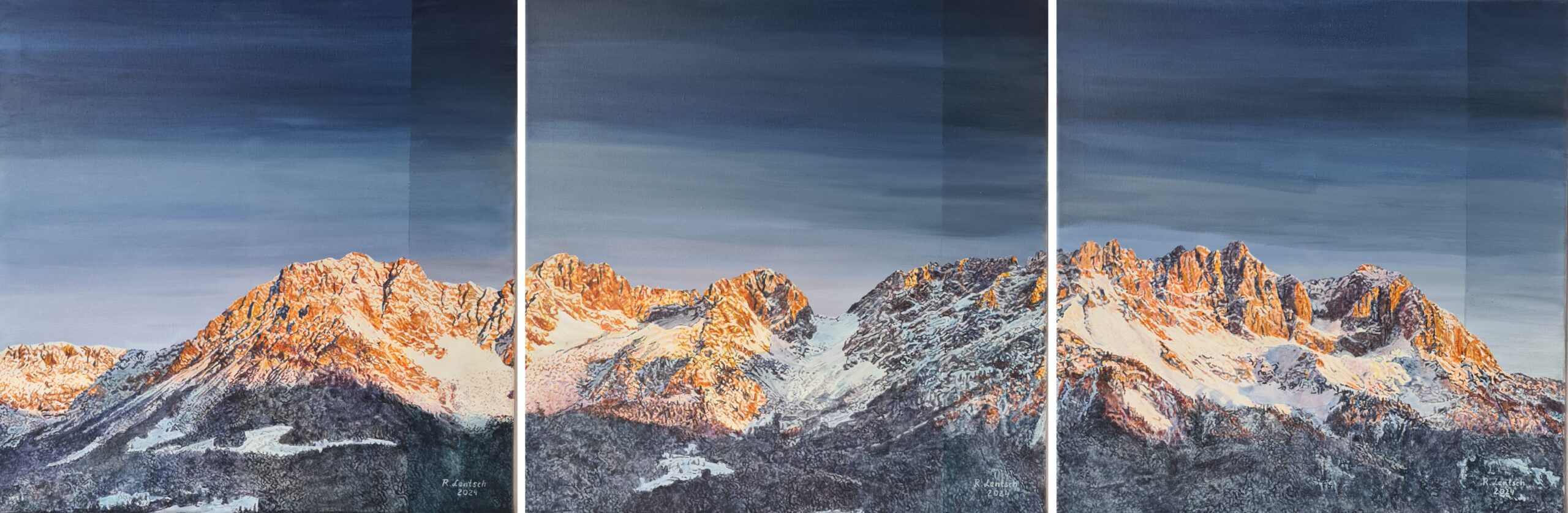 Acrylgemälde-Triptychon (3 x 60x60 cm) des Wilden Kaisers im Morgenlicht malte der Oberländer Reinhard Lentsch 2024.  Die schneebedeckten Gipfel des Kaisergebirges in Tirol leuchten in warmem Sonnenlicht vor einem klaren Himmel. Der Wilde Kaiser, ein markantes Kalkmassiv erstreckt sich über etwa 20 Kilometer zwischen Kufstein, Ellmau, Scheffau und Kirchdorf in Tirol und ist berühmt für seine steilen Felswände und spektakulären Gipfel. Die höchste Erhebung ist die Ellmauer Halt mit 2344 Metern, umgeben von berühmten Kletterbergen wie dem Totenkirchl, der Fleischbank und der Ackerlspitze. Diese Gipfel sind Anziehungspunkte für Alpinisten aus aller Welt und Schauplätze bedeutender Klettergeschichten. Geologisch besteht der Wilde Kaiser vorwiegend aus Wettersteinkalk, dessen Felsabbrüche über die Jahrtausende durch Erosion geformt wurden. Ein kleiner Kargletscher, das Schneeloch, zeugt von den eiszeitlichen Prozessen, die das Gebirge prägten. Die Geschichte der Erkundung reicht bis ins 19. Jahrhundert zurück, als das Gebirge zur Wiege der Münchner Kletterszene wurde. Bis heute ist der Wilde Kaiser ein Synonym für anspruchsvolles Klettern und unberührte Natur.