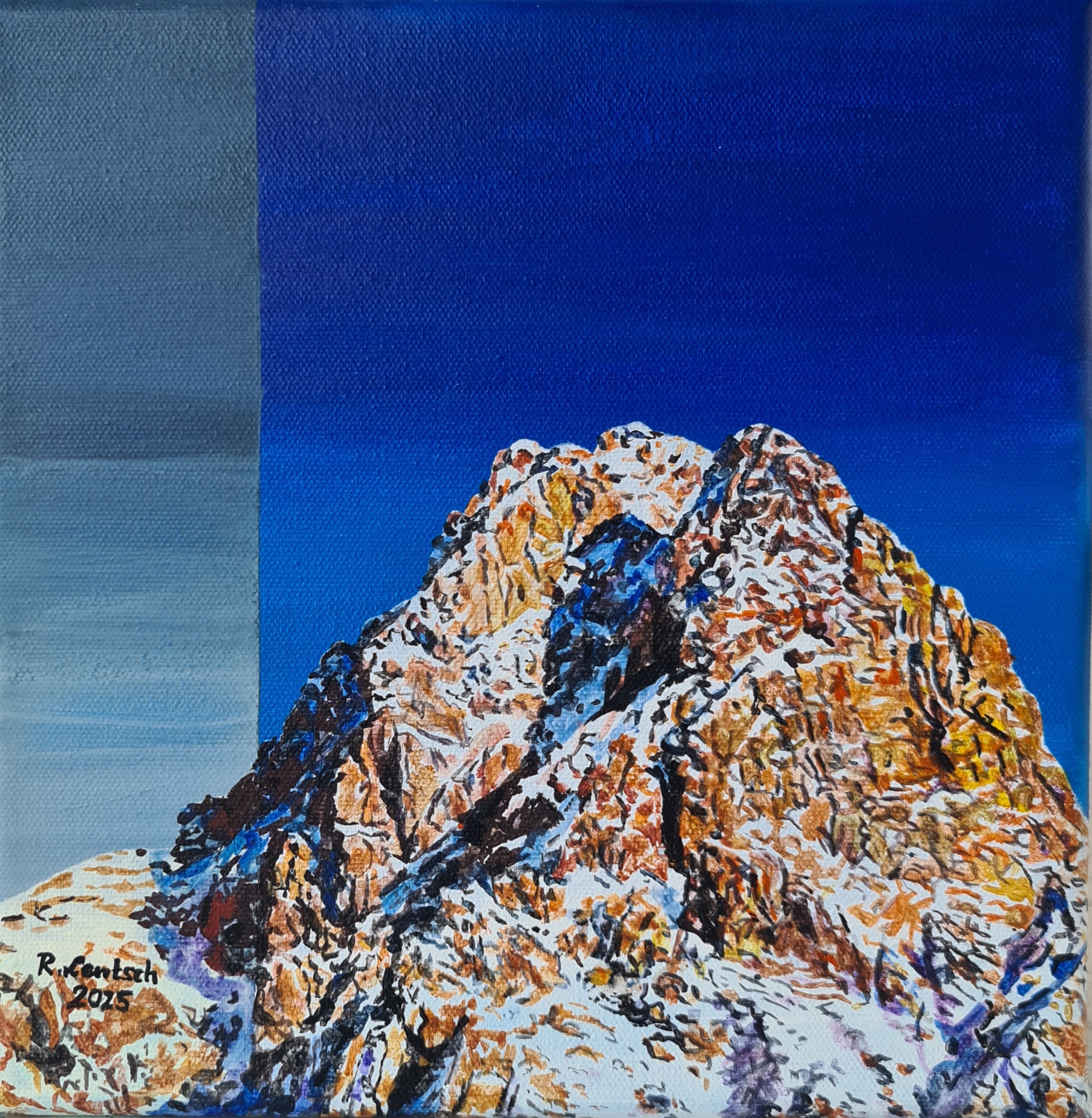 Das vom Rieder Künstler Reinhard Lentsch 2025 gemalte Acrylbild ist 25 x 25 cm groß. Es zeigt die 2859 m hohe Eisenspitze, die im Gemeindegebiet von Strengen liegt, in der Spätnachmittagssonne im Winterkleid.