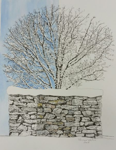 Zeichnung "Steinmauer und Baum im Winter" von Reinhard Lentsch (2009)