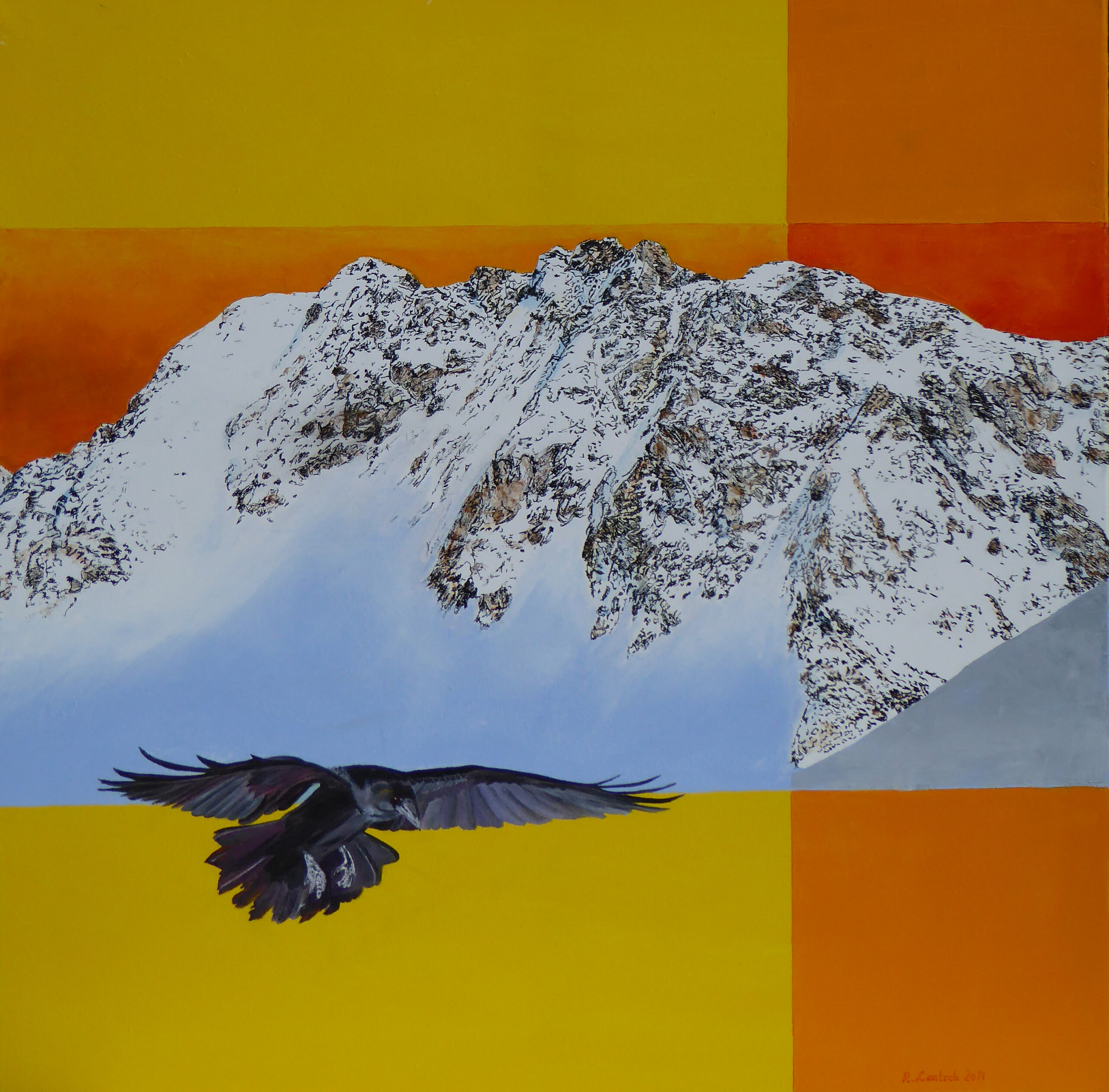 Bliggspitze mit Kolkrabe – Tusche und Öl auf Leinwand, 80 x 80 cm, 2015 Im Jahr 2015 fertigte der Tiroler Künstler Reinhard Lentsch auf einer 80 x 80 cm großen Leinwand eine Tuschezeichnung der Bliggspitze im Kaunertal an und ergänzte sie mit Ölfarben. Ein Kolkrabe, der seine Kreise um den Gipfel zieht, verstärkt die raue Atmosphäre dieser Hochgebirgslandschaft. Das Werk symbolisiert die Spannungen zwischen Naturkraft, Stille und Wandel. Die Bliggspitze (3.453 m), eingebettet im Naturpark Kaunergrat, steht nicht nur für alpine Erhabenheit, sondern auch für die Folgen des Klimawandels. Das Auftauen des Permafrosts macht ihre Flanken instabil – 2007 stürzten rund 3,9 Millionen Kubikmeter Gestein und Eis ins Tal. Wegen der Nähe zum Gepatsch-Staudamm wird der Berg heute kontinuierlich überwacht. Der Kolkrabe, als Symbol für Weisheit und Wandel, verbindet sich in seiner Darstellung mit der Landschaft. Mit diesem Bild wollte er nicht nur die alpine Schönheit zeigen, sondern auch die Verletzlichkeit eines Naturraums, der im Umbruch steht – ein Mahnmal und ein Ort der Hoffnung zugleich.