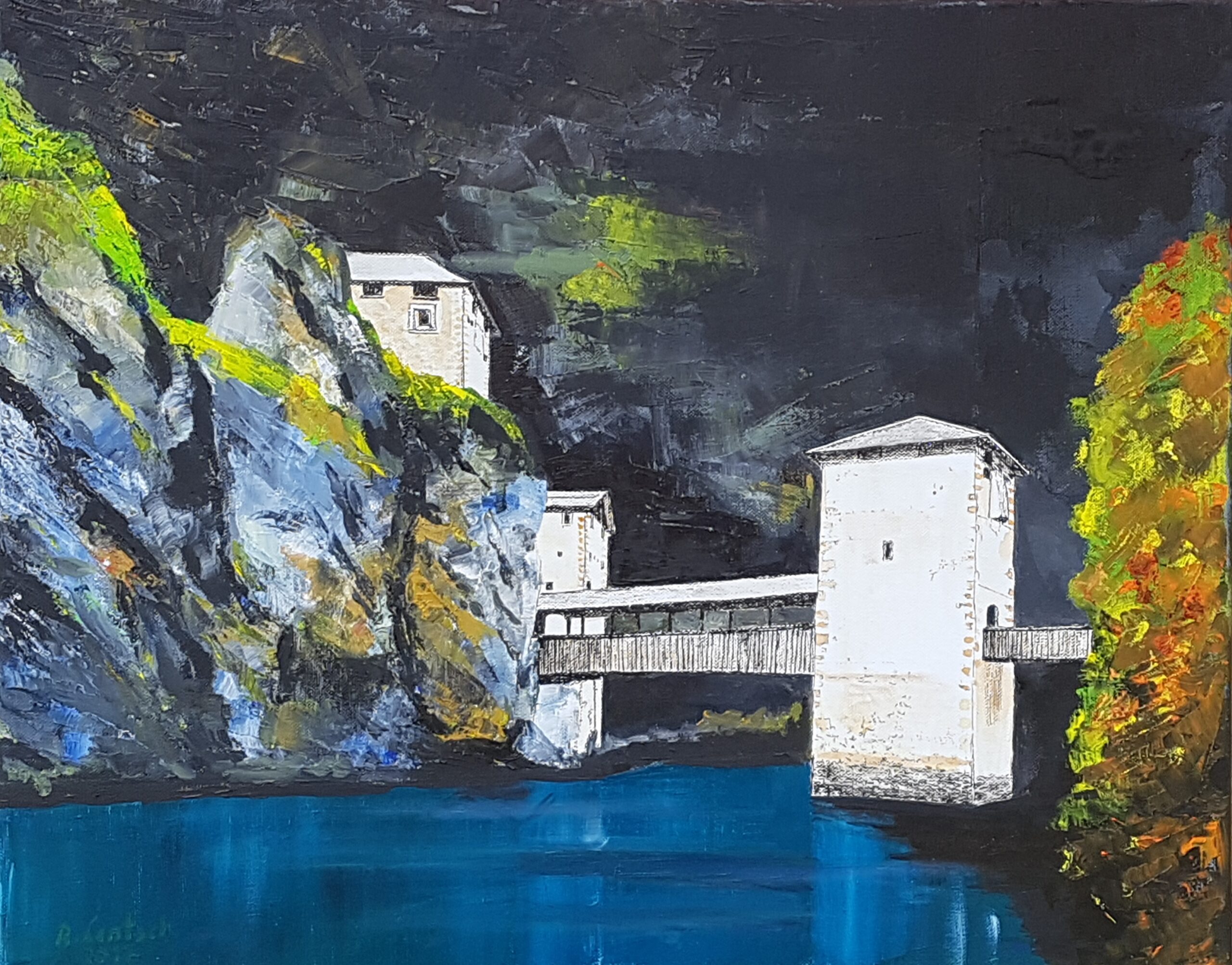 Im Jahr 2014 schuf der Tiroler Künstler Reinhard Lentsch ein Ölbild der historischen Wehranlage Altfinstermünz. Auf einer 40 x 50 cm großen Leinwand hielt er die imposante Festung fest, die sich malerisch in die Kulisse der vom Inn geschaffenen Finstermünzschlucht einfügt. Die Anlage liegt im Gemeindegebiet von Nauders in Tirol, nahe der Grenze zur Schweiz. Altfinstermünz, einst strategisch bedeutende Grenz- und Zollstation an der römischen Via Claudia Augusta, wurde erstmals 1159 urkundlich erwähnt. Im Laufe der Jahrhunderte diente sie als Gerichtsstätte, Zollstation und militärisches Bollwerk. Besonders hervorzuheben sind der mächtige Torturm und die Kapelle Maria Himmelfahrt, die 1604 erbaut wurde und einen barocken Altar des Bildhauers Andreas Thamasch beherbergt. Nach Jahrhunderten des Verfalls wurde die Anlage durch den Verein Altfinstermünz restauriert und ist heute als Erlebnisburg zugänglich. Sie bietet Besuchern Einblicke in mittelalterliche Architektur und Geschichte. Lentschs Gemälde fängt nicht nur die architektonischen Details der Wehranlage ein, sondern auch die Atmosphäre eines Ortes, der Zeuge jahrhundertelanger Geschichte ist. Sein Werk verbindet künstlerische Interpretation mit historischer Dokumentation und lädt den Betrachter ein, in die Vergangenheit Tirols einzutauchen.