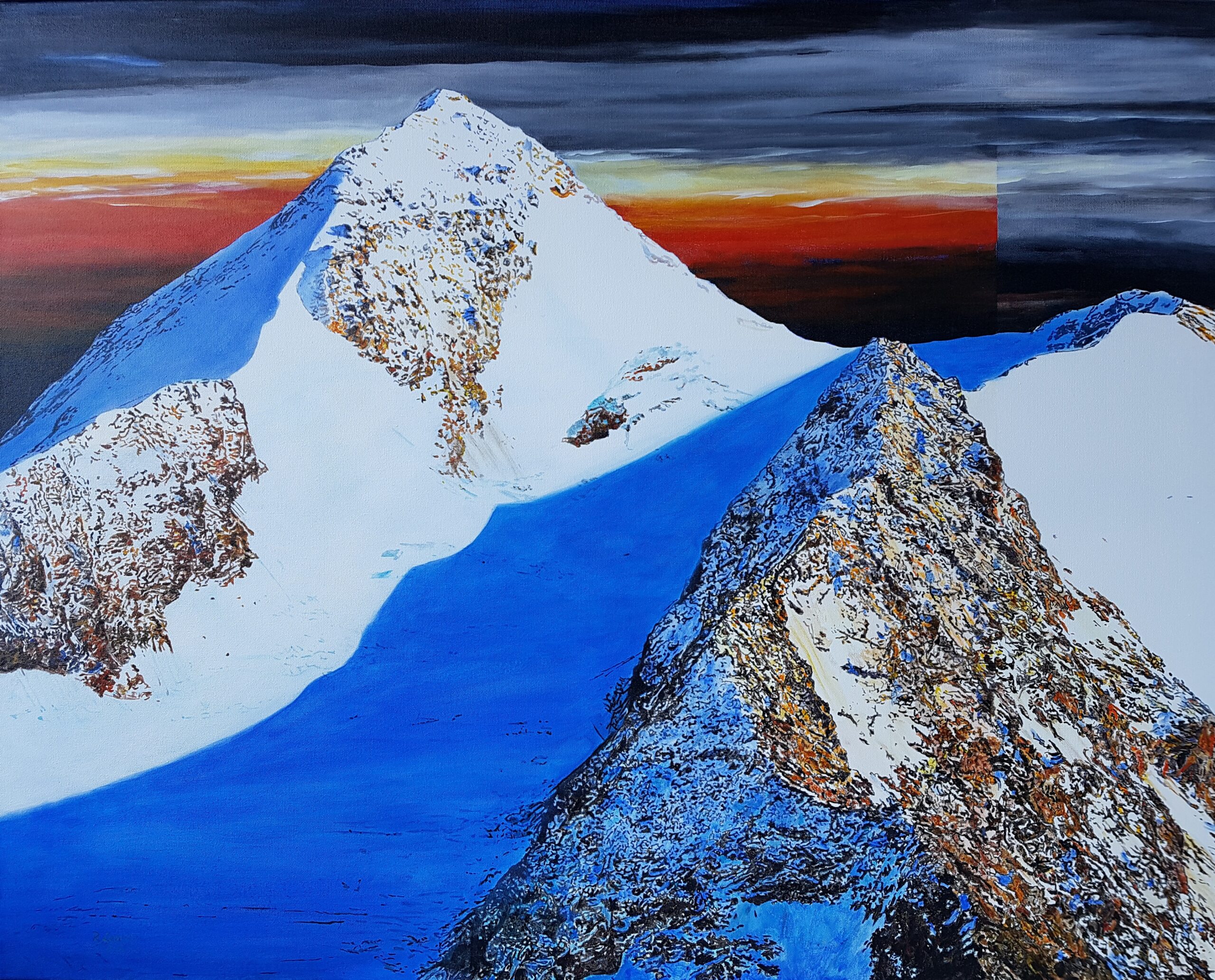 Das im Jahr 2018 entstandene Gemälde von Reinhard Lentsch, ausgeführt in Acryl auf einer 100 × 80 cm großen Leinwand, zeigt die Weißkugel in symbolhaften Darstellung, wie sie sich aus nördlicher Richtung vom Bereich der Vernaglwand aus zeigt. Die Komposition wird dominiert von einem markanten, scharf konturierten Doppelgipfel, dessen linke Flanke in leuchtendem Weiß und kühlem Blau an die vergletscherte Nordseite erinnert, während sich rechts eine steile, inzwischen teils ausgeaperte Felsflanke in Erdtönen abhebt – ein künstlerisches Echo auf den tatsächlichen Gletscherrückgang, der die Ostseite der Weißkugel in den letzten Jahrzehnten tiefgreifend verändert hat. Über der alpinen Szenerie spannt sich ein dramatisch dargestellter Sonnenauf- oder -untergang andeutet, während darüber tiefes Nachtblau in nahezu kosmische Ferne überleitet. Diese Stimmung zwischen Licht und Kälte, zwischen Schönheit und Vergänglichkeit verleiht dem Bild eine starke emotionale und symbolische Wirkung. Lentsch arbeitet mit expressiven Farbflächen und abstrahierter Formensprache, die Schneeflächen erscheinen kristallin wie gefrorenes Licht, während die Gesteinszonen aufgelöst und brüchig wirken – ein visuelles Spiel zwischen Massivität und Auflösung, das den heutigen Zustand des Hochgebirges widerspiegelt. Seine Darstellung ist keine naturgetreue Abbildung, sondern ein bewusst gesetztes künstlerisches Statement über eine Landschaft im Wandel. Die Weißkugel, auf diese Weise interpretiert, steht exemplarisch für das alpine Erleben zwischen Erhabenheit und Bedrohung, zwischen der scheinbaren Ewigkeit des Gesteins und der sichtbaren Vergänglichkeit des Eises.