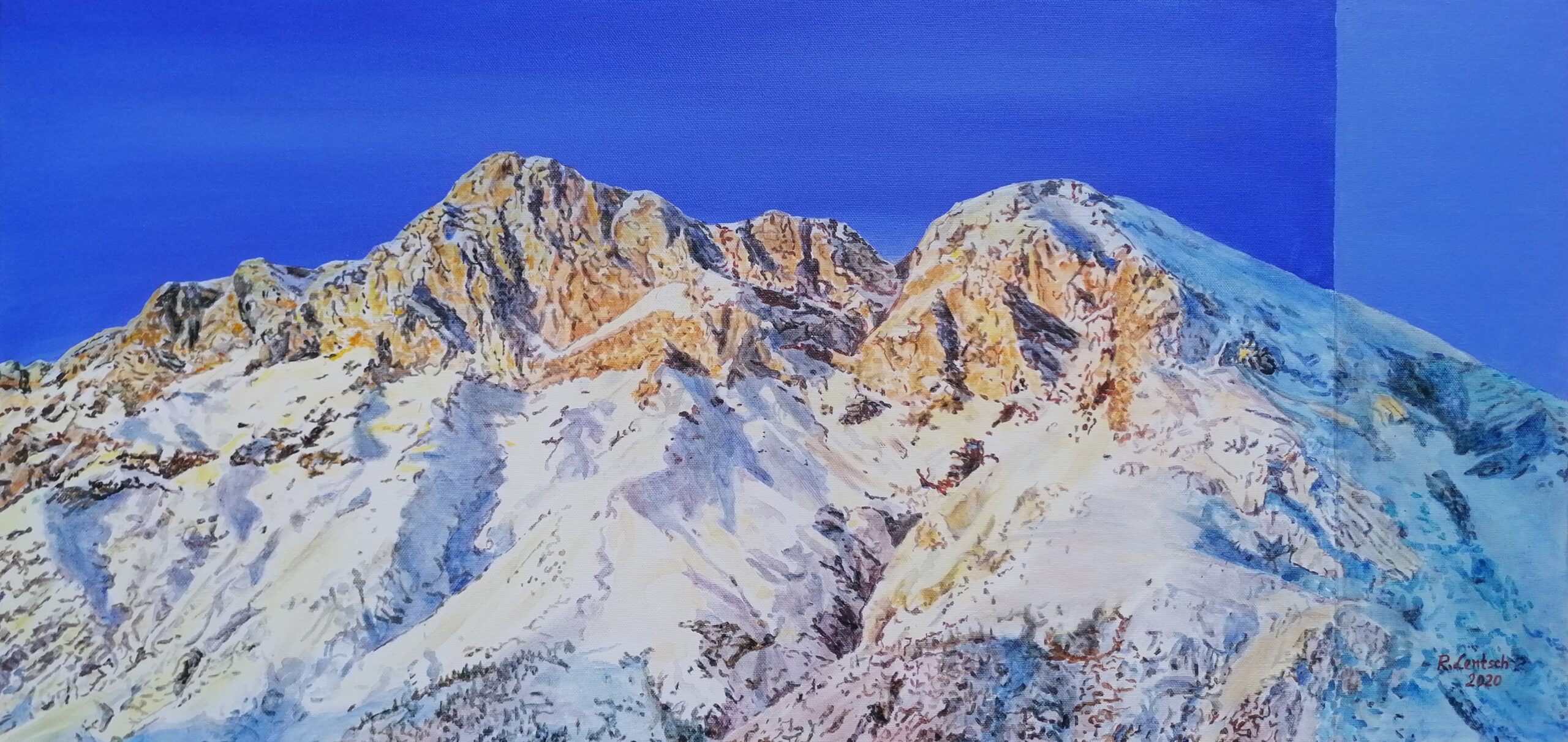 Hohe Munde im Winterlicht“ Acryl auf Leinwand, 80 × 40 cm – von Reinhard Lentsch Dieses Acrylgemälde von Reinhard Lentsch zeigt die markante Hohe Munde, das Wahrzeichen über Telfs, in winterlichem Licht. Auf einer 80 x 40 cm großen Leinwand vereint der Künstler feine Farbverläufe mit kraftvollen Kontrasten: die Schneefelder des sanft geneigten Ostgipfels (2592 m) stehen im Gegensatz zu den schroffen Felsen des steil aufragenden Westgipfels (2662 m), der vom goldenen Licht der Wintersonne gestreift wird. Der tiefblaue Himmel betont die klare, trockene Luft eines frostigen Tages. Die Hohe Munde ist ein freistehender Doppelgipfel am östlichen Rand der Mieminger Kette. Sie liegt im Gemeindegebiet von Telfs und beeindruckt nicht nur durch ihre Form und Lage, sondern auch durch ihre symbolische Bedeutung für die Region. Von Telfs aus wirkt sie allgegenwärtig – ein Naturdenkmal, das über das Inntal wacht. Die geologische Struktur aus Wettersteinkalk verleiht dem Berg seine hellen, steilen Flanken. Der Kontrast zwischen Sonnenlicht und Schatten, zwischen Fels und Schnee, macht ihn in jeder Jahreszeit zum beliebten Motiv von Fotografen und Malern. Der Berg wird auf verschiedenen Routen bestiegen, wobei besonders der Aufstieg über das Strassberghaus und das sogenannte „Mundeplateau“ beliebt ist. Für erfahrene Skitourengeher ist die Hohe Munde im Winter ein anspruchsvolles Ziel, das Kondition, Technik und alpine Erfahrung erfordert – und mit einem spektakulären Blick vom Gipfel belohnt. In Lentschs Werk verschmilzt künstlerische Technik mit geographischer Präzision.