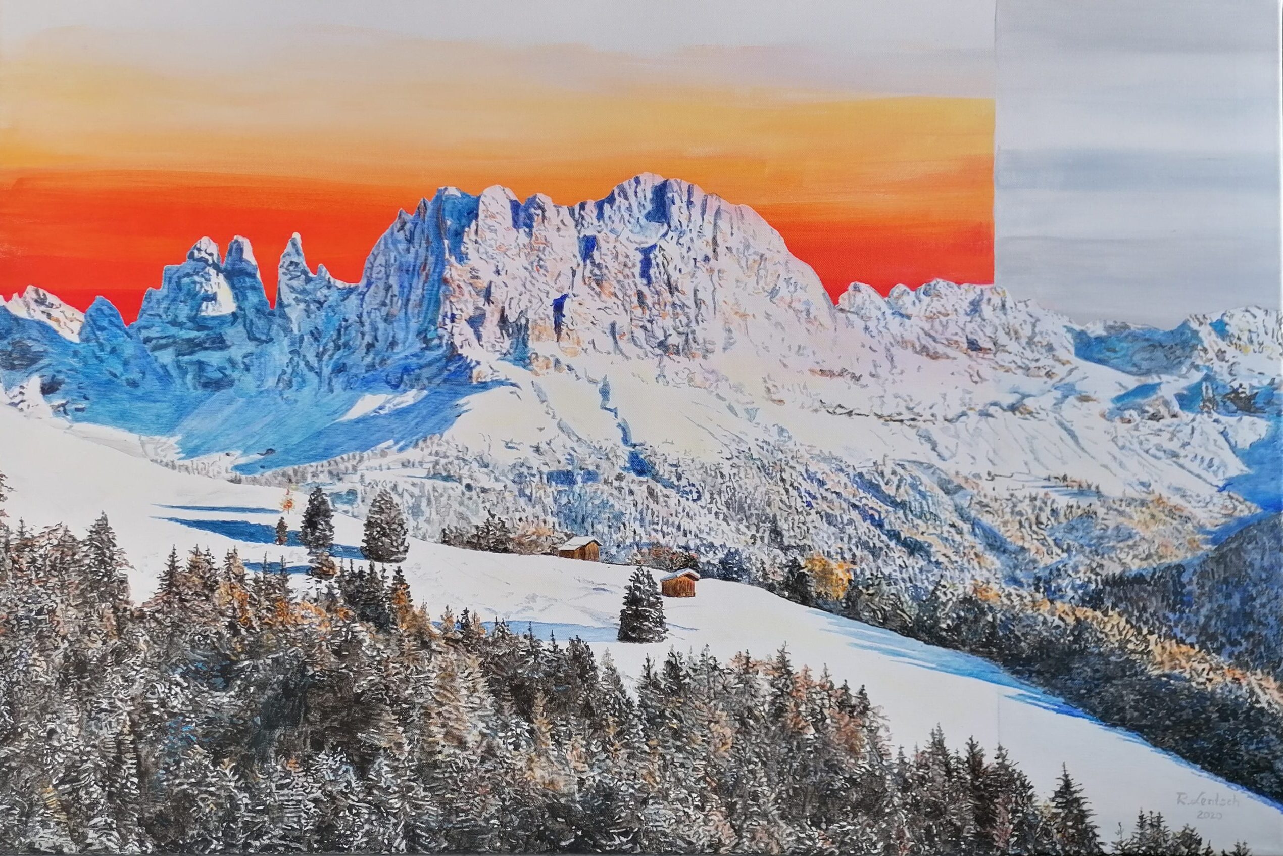 Das Acrylgemälde vom Rosengarten-Massiv in Südtirol malte Reinhard Lentsch 2020 in der für ihn typischen Art auf eine 60 x 90 cm große Leinwand. Es zeigt eine Winterlandschaft in den Dolomiten, genauer die Tscheiner Spitze (Punta Emma), Rosengartenspitze (Cima Catinaccio), Vajolet-Türme (Torri del Vajolet), Laurinswand und Santner Spitze und den Kesselkogel (Catinaccio d’Antermoia), den höchsten Gipfel des Rosengartens. Der verschneite Wald im Vordergrund ist in dunkleren Tönen gehalten und bildet einen Kontrast zum Gebirgsstock der in kalten, klaren Blautönen gehalten und mit scharfen Konturen durchsetzt ist, was dem Gebirge eine eisige und kristalline Erscheinung verleiht. Darüber wölbt sich ein spektakulärer Himmel in leuchtenden Farbtönen – ein dramatischer Übergang von tiefem Orange und Rot nahe dem Horizont bis zu einem helleren Verlauf nach oben hin. Dieser warme Farbverlauf steht in starkem Kontrast zu den kühlen Tönen der verschneiten Berglandschaft und erzeugt eine beeindruckende Lichtstimmung.