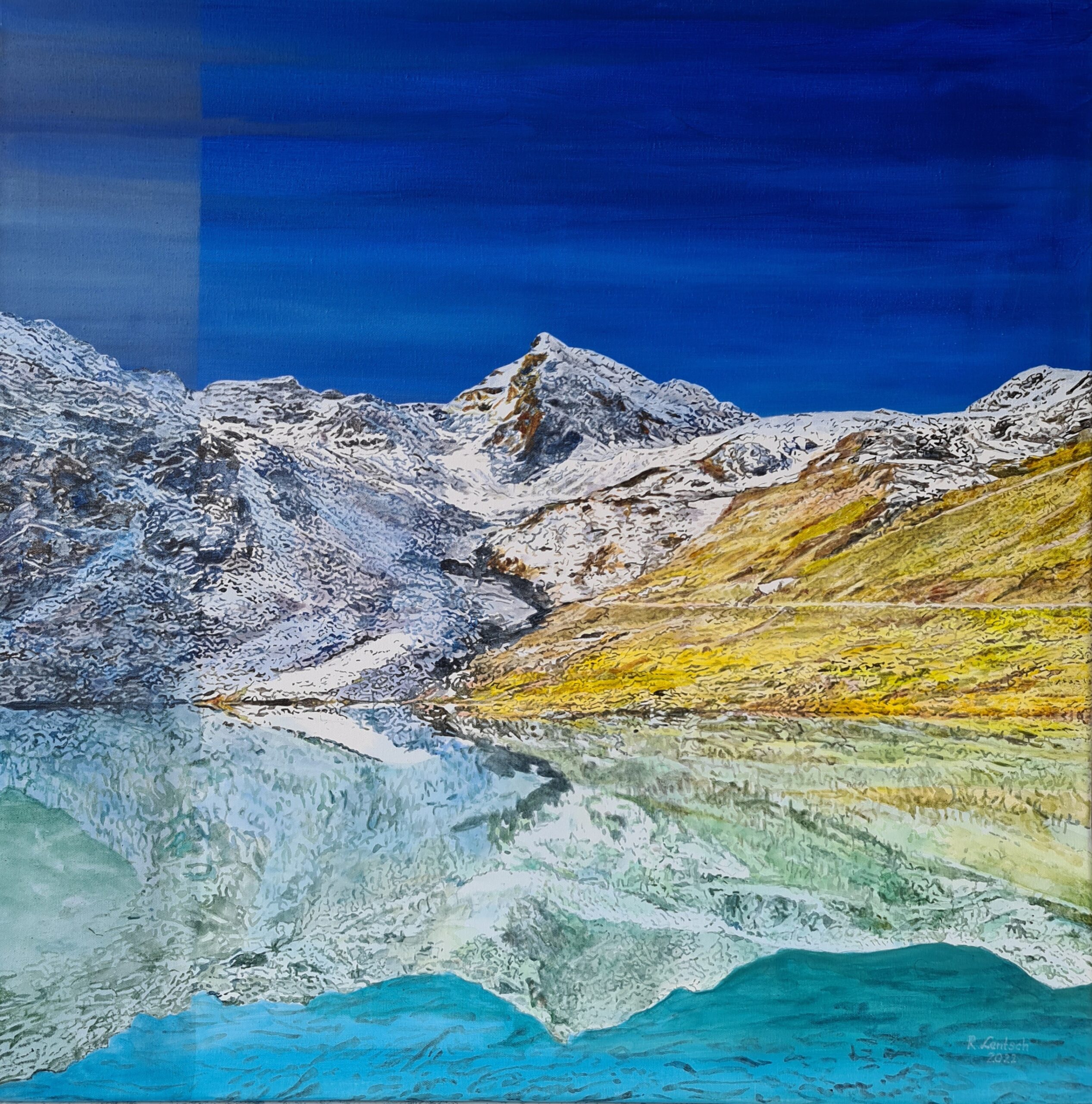 2022 malte der in Ried im Oberinntal lebende Künstler Reinhard Lentsch in Acryl auf einer 80 x 80 cm großen Leinwand den Weißsee im hintersten Kaunertal in Tirol in einem herbstlichen Gewand. Der kleine Gebirgssee liegt auf 2.526 Metern Höhe direkt an der Kaunertaler Gletscherstraße und ist umgeben von Dreitausendern. In seiner Nähe starten die Weißseejochbahn und zahlreiche Ski- und Wanderrouten. Der See ist Teil einer beeindruckenden Gletscherlandschaft und sowohl im Sommer als auch im Winter ein beliebtes Ausflugsziel.