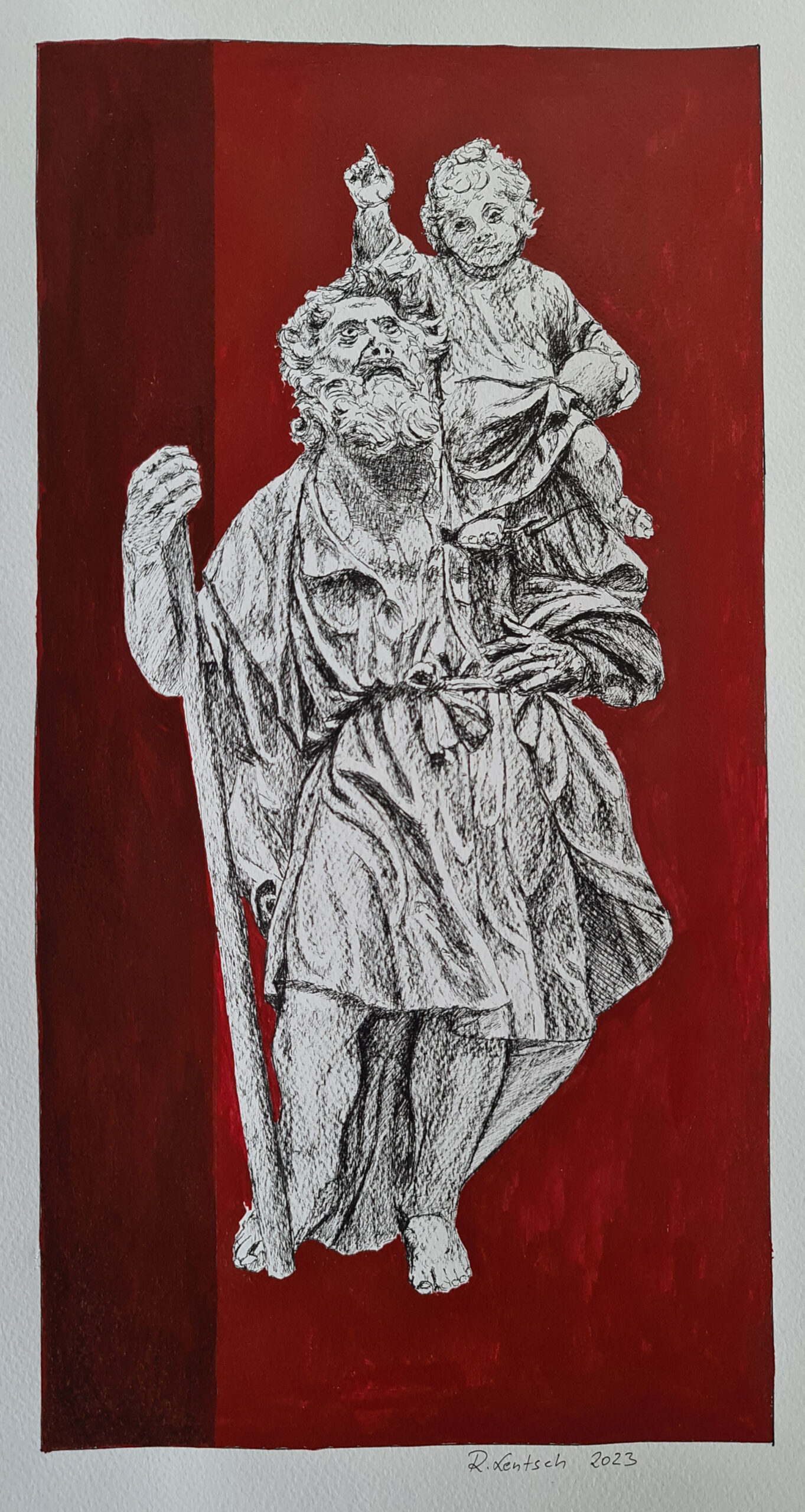 Heiliger Christophorus – Moderne Interpretation eines Schutzpatrons: Dieses beeindruckende Kunstwerk von Reinhard Lentsch, entstanden im Jahr 2023, zeigt den Heiligen Christophorus in einer ausdrucksstarken Tuschezeichnung mit Acryl auf Papier. Auf einer Fläche von 20 x 37,5 cm verbindet das Werk traditionelle Ikonografie mit moderner Ästhetik. Die kraftvolle Darstellung symbolisiert Schutz und Stärke – ein inspirierendes Motiv für Gläubige und Kunstliebhaber gleichermaßen.