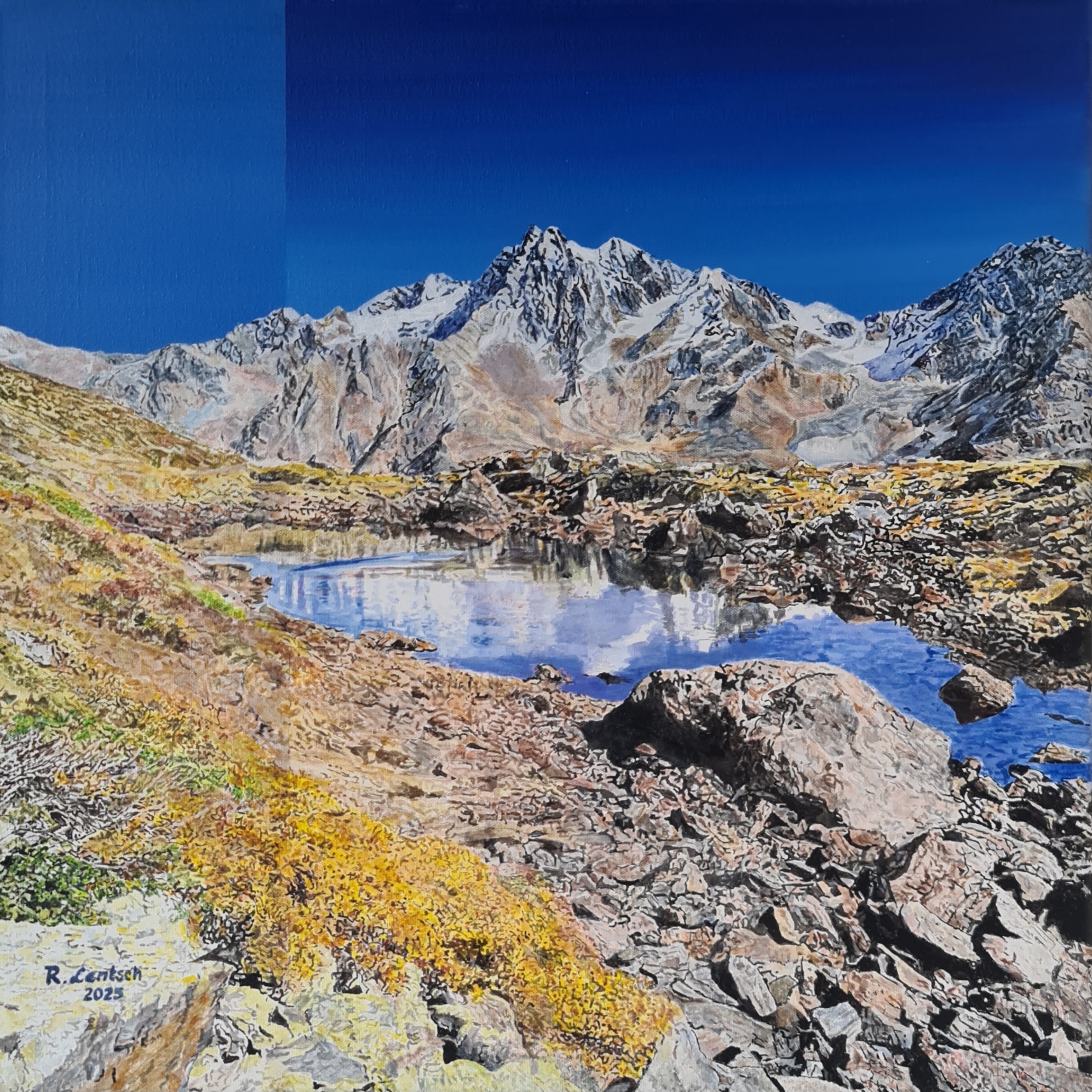 Das Bild zeigt den Seelessee im hintersten Kaunertal in herbstlicher Stimmung. Im Hintergrund erhebt sich die markante Vordere Ölgrubenspitze. Das Werk wurde 2025 vom Rieder Künstler Reinhard Lentsch in Acryl auf eine 60 x 60 cm große Leinwand gemalt.