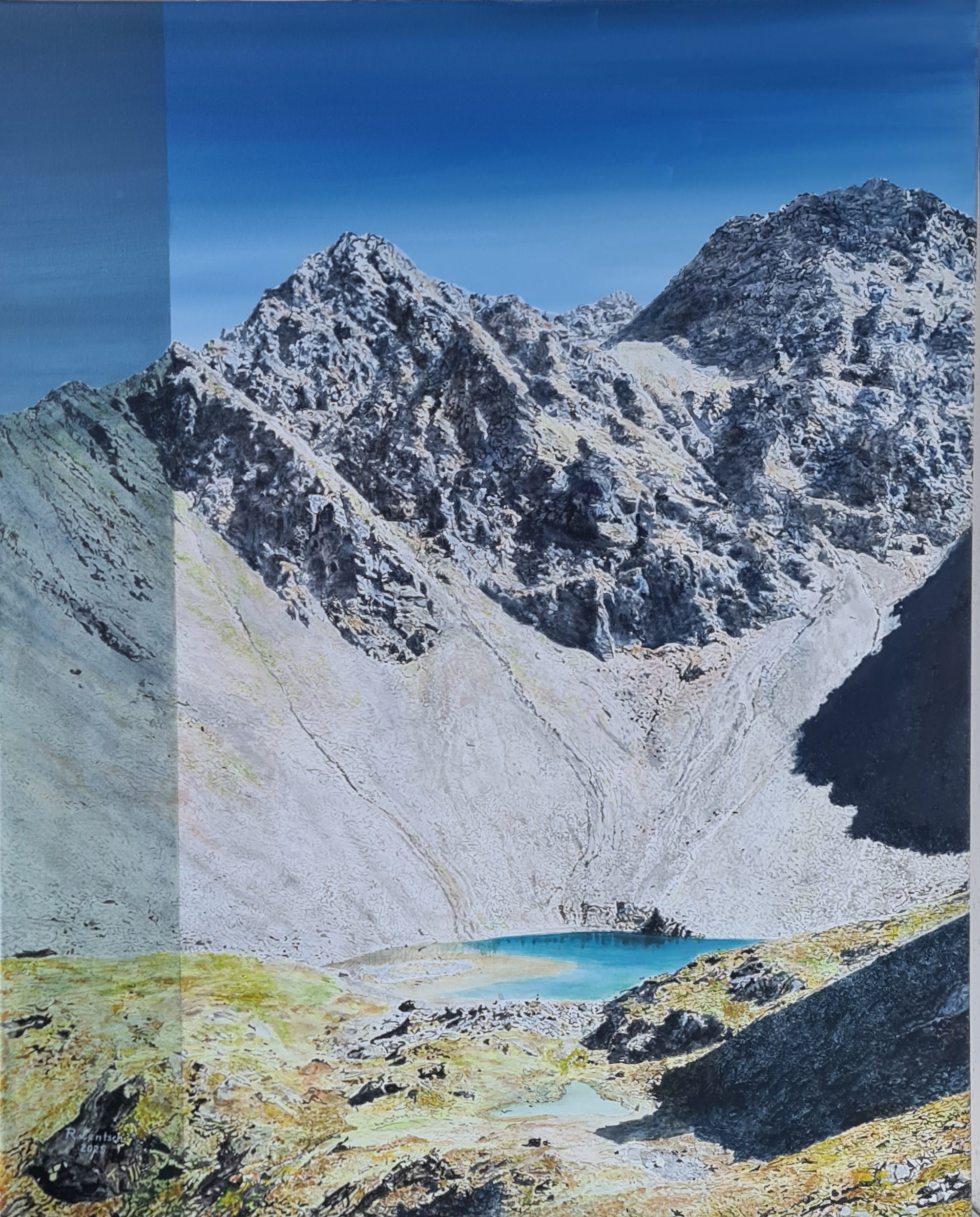 Dieses Acrylgemälde vom Flathsee (2.332 m Höhe) in der Gemeinde Tobadill malte der Rieder Künstler Reinhard Lentsch 2025. Der herzförmige, türkisfarbene Gebirgssee liegt eingebettet in ein Kar vor der massiven Felskulisse der Giggler Spitze (2.690 m) in der Samnaungruppe.